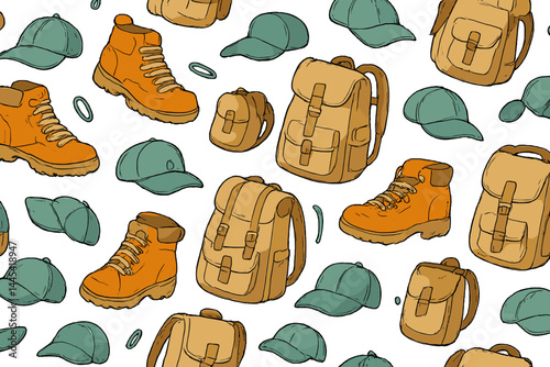 Outdoor adventure gear icons featuring boots, backpacks, and caps for camping and hiking activities