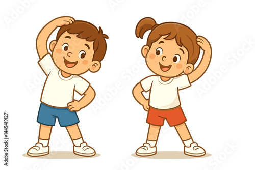 Cheerful children stretching and exercising in bright, playful vector illustration