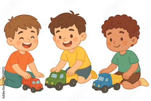 Three children happily playing with colorful toy trucks on a bright day at home, fostering creativity and friendship