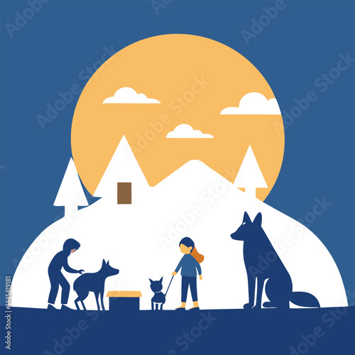 A black silhouette illustration shows a man and his dog, a beloved pet animal, walking together at night