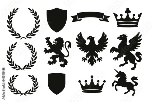 Collection of vector icons featuring heraldic symbols, crowns, shields, and mythical creatures in a black silhouette design