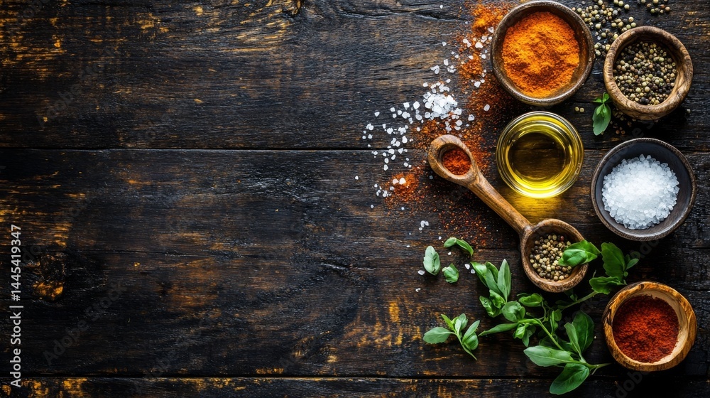 Raw chicken and spices. Wooden backdrop. Overhead. Raw chicken and spices. Wooden backdrop. Overhead.