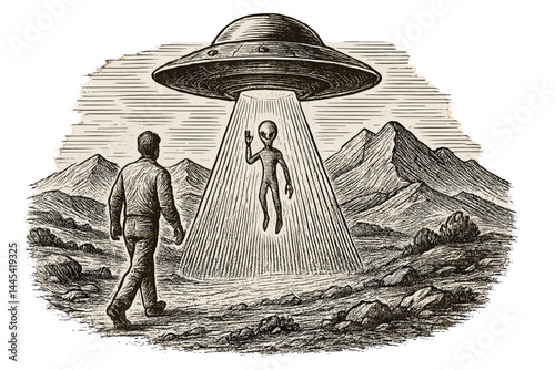 Alien encounter under a flying saucer, a man approaches in a remote mountainous landscape