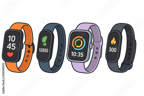 Fitness tracker vector icons displaying time, health metrics, steps, and calories in various colors and designs