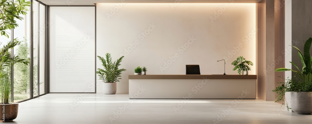 Modern minimalist lobby reception area with plants. Modern minimalist lobby reception area with plants.