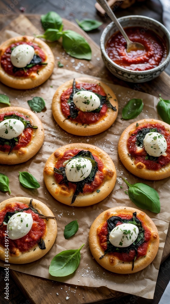 Mini pizzas with tomato sauce, mozzarella balls and basil on parchment paper Mini pizzas with tomato sauce, mozzarella balls and basil on parchment paper
