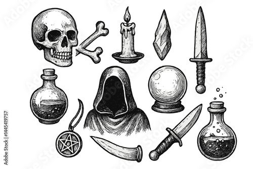 Vector icon collection featuring witchcraft symbols like skulls, potions, and daggers for Halloween or thematic designs
