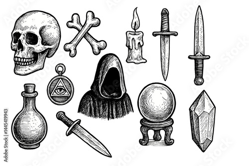 Vector icon collection depicting various mystical symbols and objects associated with magic and divination practices