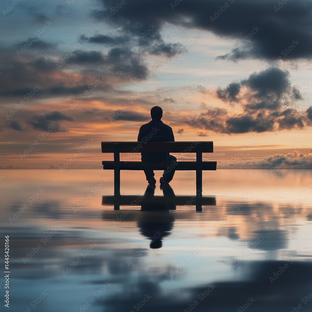 Obraz premium Man sits, views lake's smooth surface. Travel.