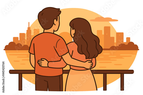 Couple enjoying a sunset view by the waterfront in a vibrant urban setting