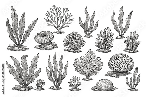 Detailed vector icon collection of sea plants, corals, and algae in various shapes and sizes illustrating underwater life