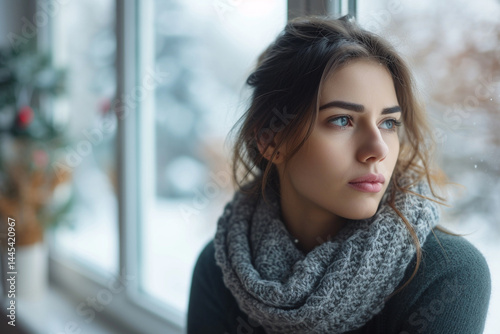 Alone at home, a grief stricken woman with Seasonal Affective Disorder, her mental health affected by winter depression, sits by the window, immersed in negative thoughts, while the panorama backgroun
