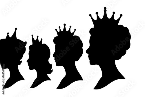 Vector icon illustrating silhouette profiles of queens with crowns in different styles and sizes
