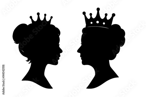 Silhouette vector icon of two queen profiles featuring elegant hairstyles and crowns showcasing regal beauty and majesty