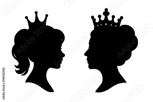 Profile icons of a girl and a queen wearing crowns, depicting royalty and elegance in a minimalist vector design