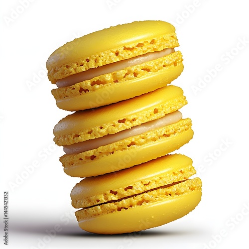 Three Stacked Yellow Macarons with Cream Filling Against a White Background