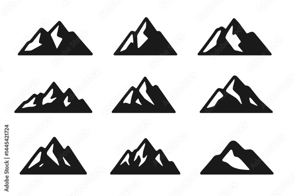 Vector icon collection displaying mountain silhouettes showcasing various peak styles and orientations for design projects Vector icon collection displaying mountain silhouettes showcasing various peak styles and orientations for design projects