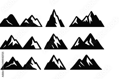 Mountain vector icons showcasing various alpine peaks in a modern, minimalist style for design and illustration purposes