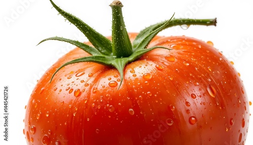 Close-up of a ripe tomato with water droplets and green stem, bright natural colors, isolated on a white background