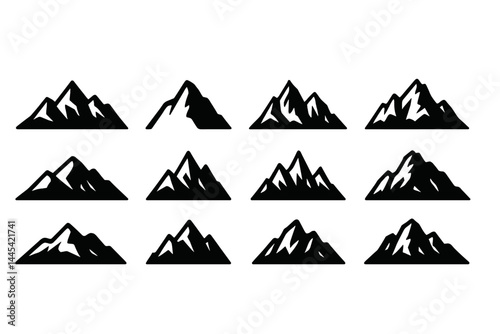 Various mountain vector icons showcasing different peak styles and heights in a minimalist black-and-white design for graphic use