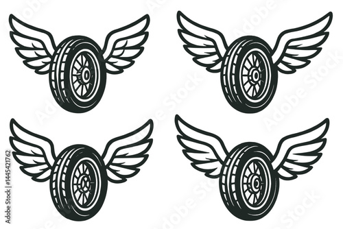 Stylized vector icon of a tire with wings, depicting speed and freedom in automotive design