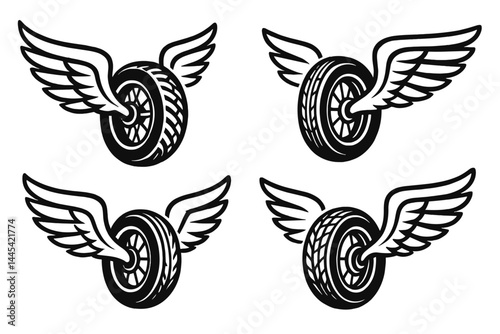 Vector icon set featuring four winged tire designs for automotive and racing themes