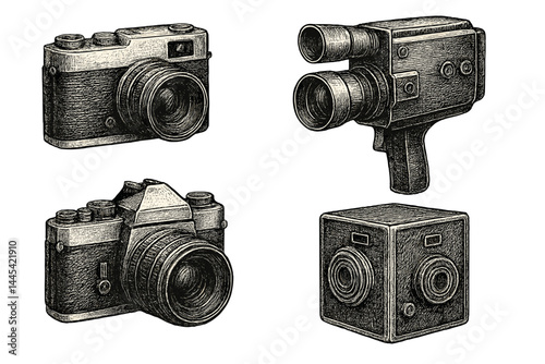Collection of vintage camera icons showcasing various styles and designs in detailed vector illustrations