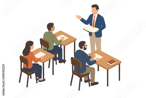Vector icon representing a classroom setting with a teacher instructing four students at desks
