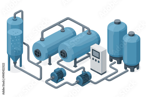 Vector icon depicting industrial equipment with storage tanks, control unit, and piping layout for fluid processing