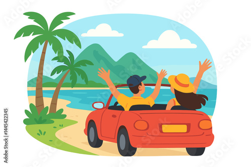 Cheerful couple enjoying a road trip along a coastal highway with palm trees and mountains in the background