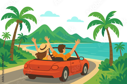 Enjoying a scenic drive along the coast with palm trees and mountains in the background on a sunny day