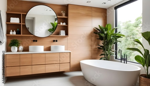 Modern Minimalist Bathroom with Freestanding Tub and Wooden Accents
