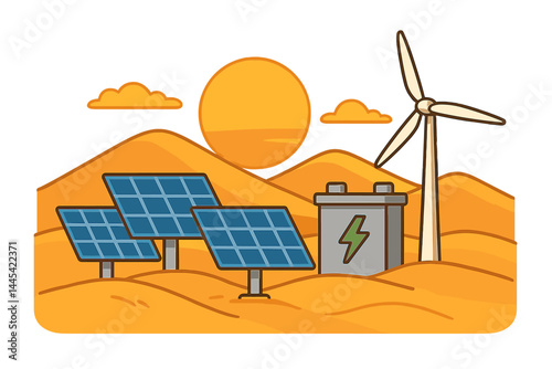 Icon depicting renewable energy sources with solar panels, wind turbine, and battery in a sunny desert landscape