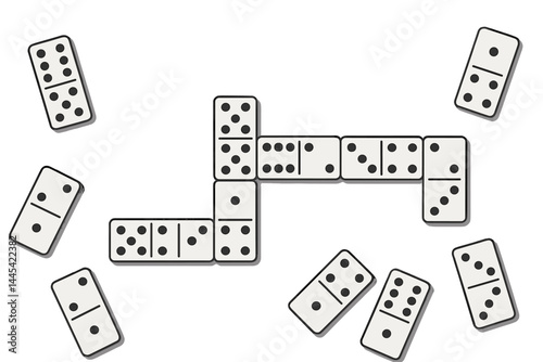 Domino pieces arranged in a dynamic layout on a neutral background showcasing gameplay strategy and fun