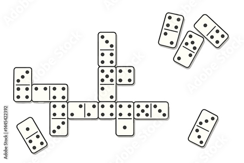 Dominoes arranged in a fun game setup for friends or family, showcasing various combinations and strategies in an indoor setting