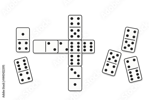 Vector icon of dominoes arranged in cross formation with additional pieces scattered around on a plain background