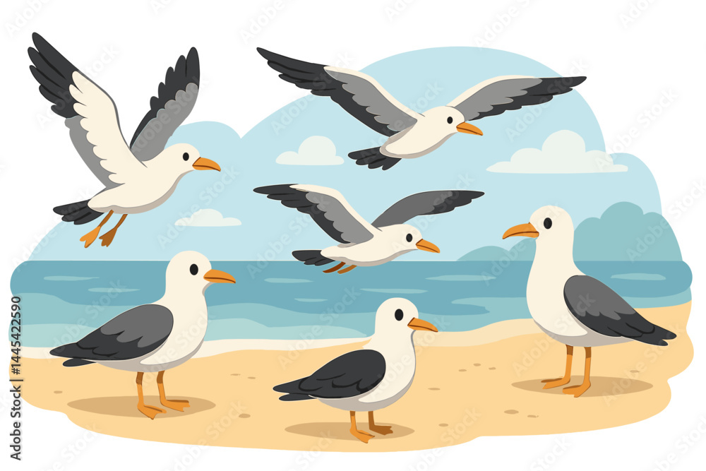 Fototapeta premium Seagulls flying and standing on a sandy beach near the ocean during a sunny day