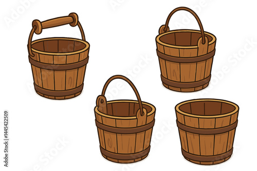 Wooden buckets in various designs for decoration or craft projects