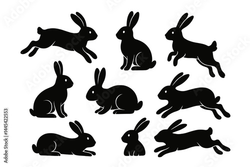 Vector icon set depicting various black rabbits in different poses, showcasing their playful nature and movement