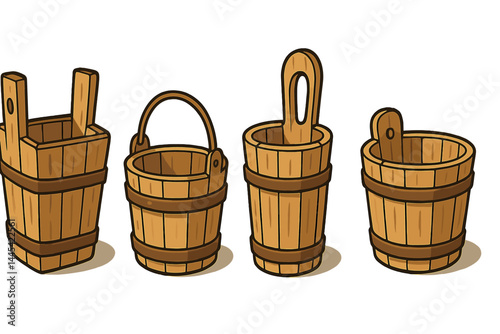 Different styles of wooden buckets in a vector illustration showing various designs and shapes, ideal for creative projects