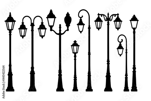 Decorative vector icons of various street lamps showcasing unique designs and styles for urban settings and landscape architecture