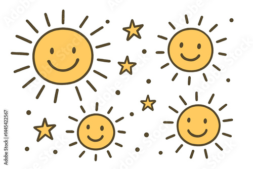 Happy sun and star vector icon design featuring cheerful faces and playful rays for children?s themes