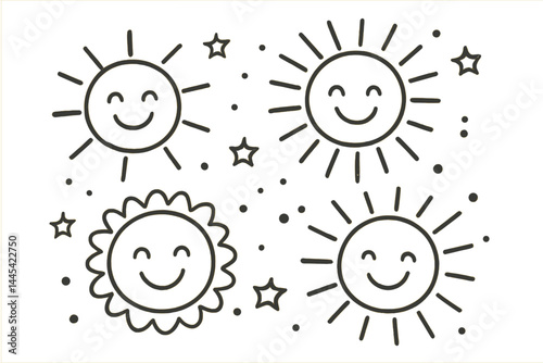 Bright and cheerful vector icons of smiling suns with stars and happy expressions suitable for various creative projects