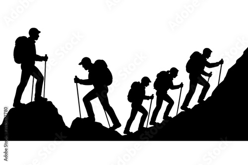 Hikers ascending a mountain trail exhibiting the stages of climbing and outdoor exploration during the day