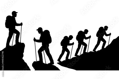 Hikers climbing a mountain using trekking poles during an outdoor adventure