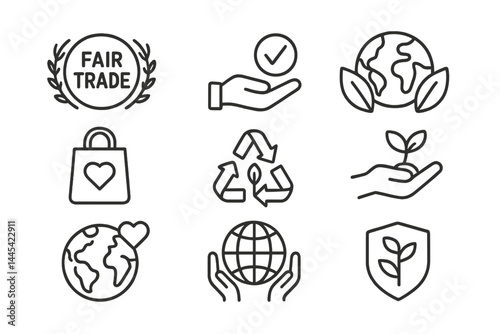 Eco-friendly vector icons representing sustainable practices in fair trade and environmental care