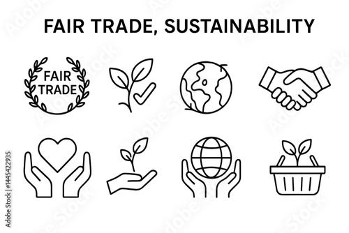 Icons representing fair trade and sustainability with diverse symbols of environmental commitment and cooperation