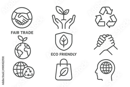 Vector icon set featuring themes of sustainability, fair trade, and eco-friendly practices in a minimalist design