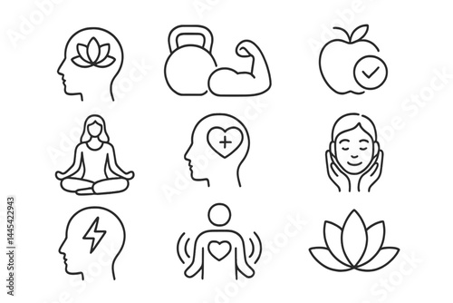 Healthy lifestyle vector icons representing fitness, nutrition, and mental well-being with a minimalist style