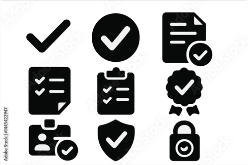 Collection of vector icons representing verification, approval, and secure documentation for various activities and services